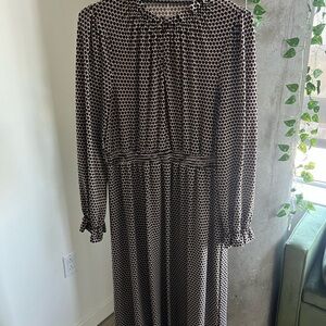 Adrianna Papell Black and Cream Long Sleeve Printed Midi Dress